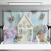 Lofaris Blue White Wall Bunny Hutch Floral Easter Backdrop